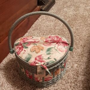 Floral Heart-Shaped Wicker Sewing Basket